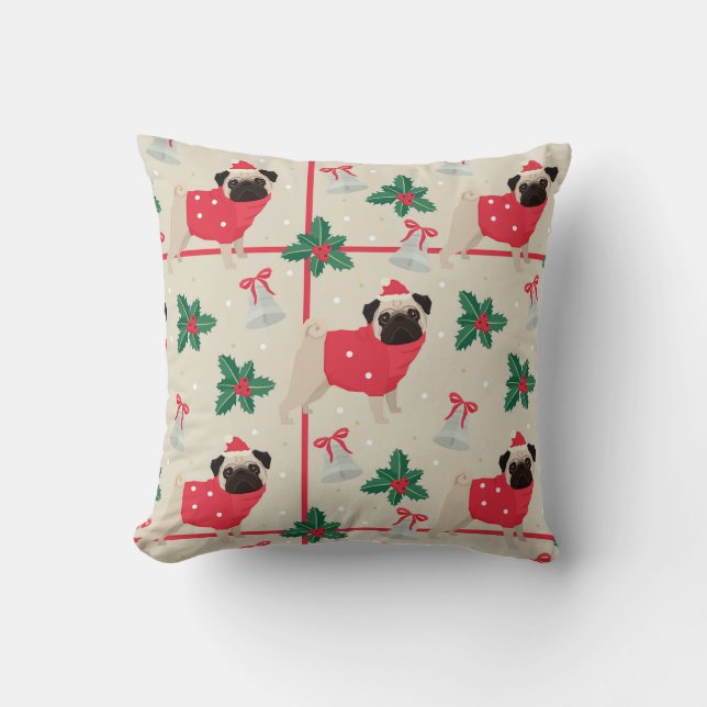 Pug Hund Wearing Sweater & Santa Hat Kudde (Framsida)