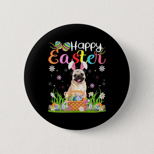Pug Hundar Glad påsk Egg Hunt Bunny Ear Påsk Knapp (Framsida)