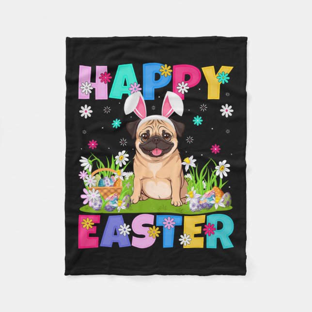 Pug Hundar Glad påsk Egg Hunt Bunny Ear Pug Easte Fleecefilt (Framsidan)