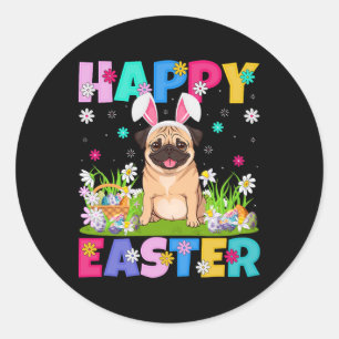 Pug Hundar Glad påsk Egg Hunt Bunny Ear Pug Easte Runt Klistermärke
