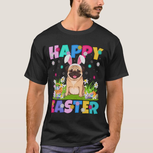 Pug Hundar Glad påsk Egg Hunt Bunny Ear Pug Easte T Shirt (Framsida)