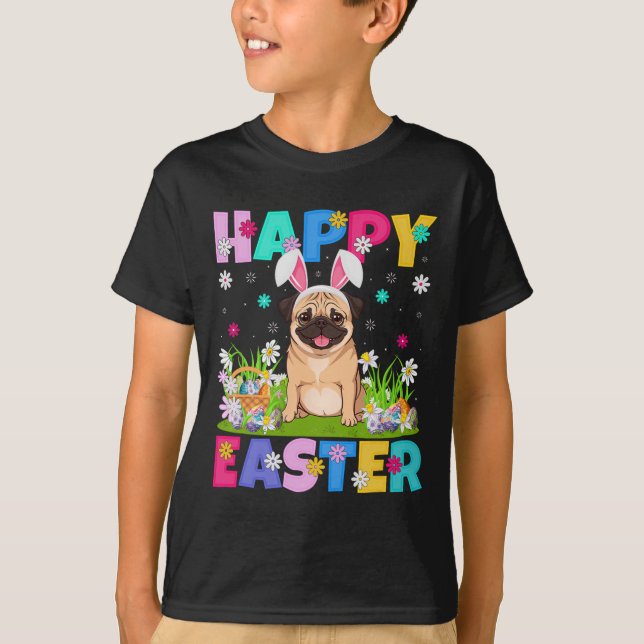 Pug Hundar Glad påsk Egg Hunt Bunny Ear Pug Easte T Shirt (Framsida)