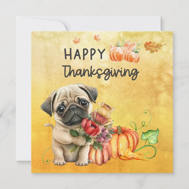 PUG Hundar Happy thanksgiving Day, vattenfärg Julkort (Framsida)