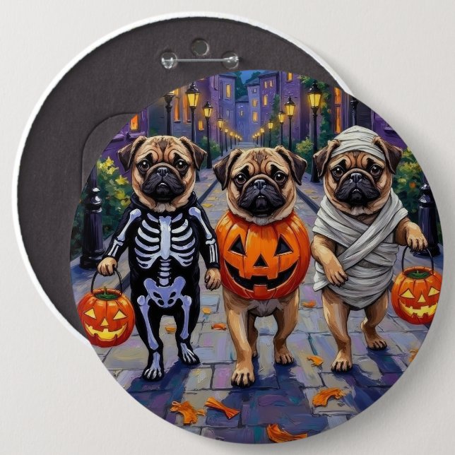 Pug Hundar Trick eller Treating in Halloween Costu Knapp (Framsida & baksida)
