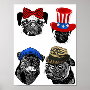 Pug Hundar Wearing Hats och en båge Original pet A Poster