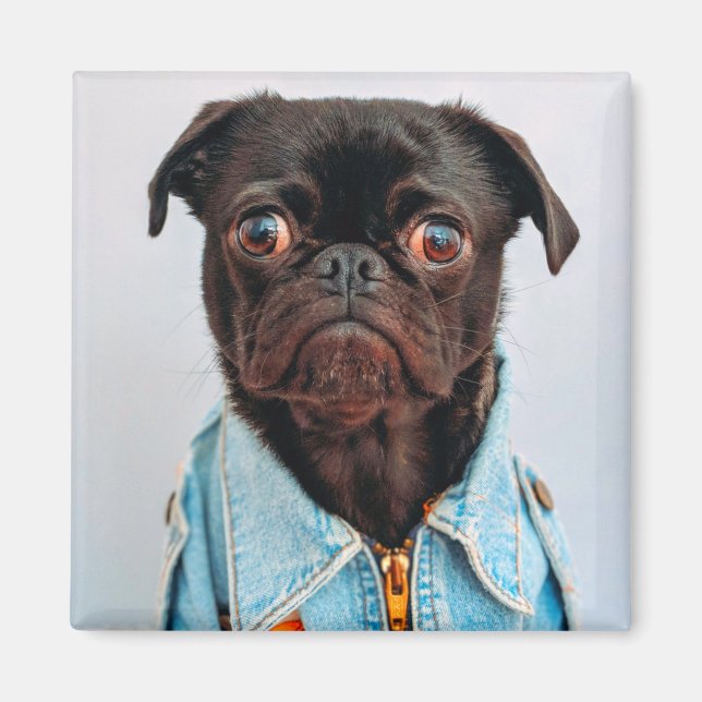 Pug in Denim Jackey Cute Adsible Hund Puppy Magnet (Framsidan)