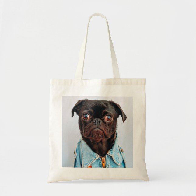 Pug in Denim Jackey Cute Adsible Hund Puppy Tygkasse (Framsidan)