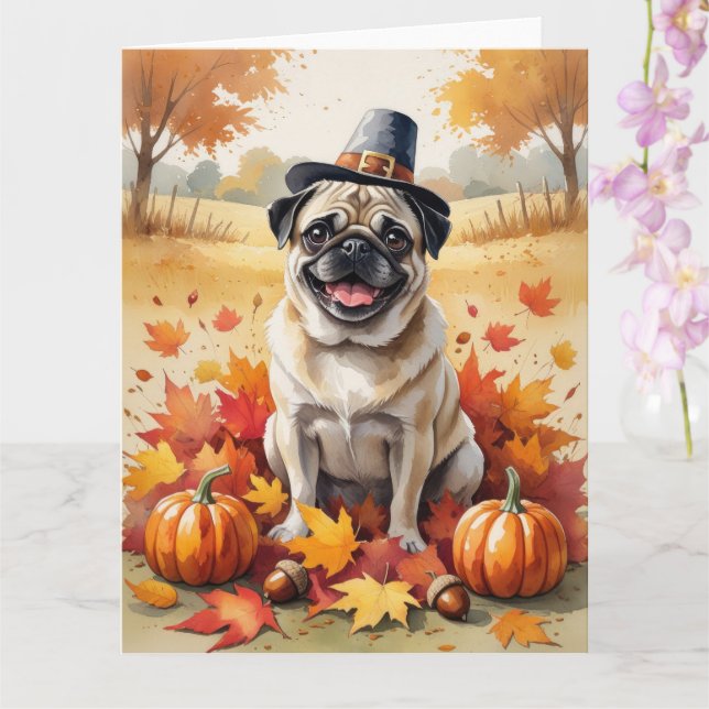 Pug In Höst löv Thanksgiving Art Kort (Orkide)