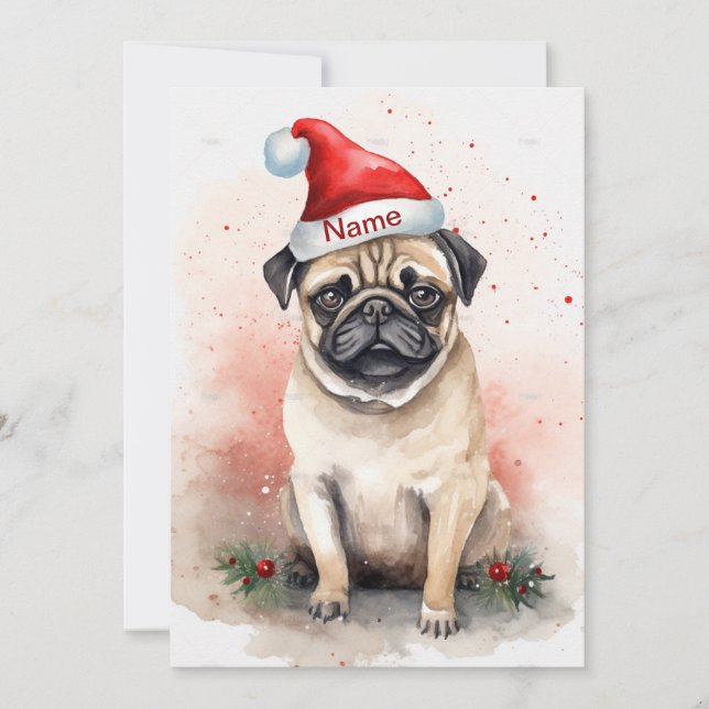 Pug jul akvarell konst med julstjärna julkort (Framsida)