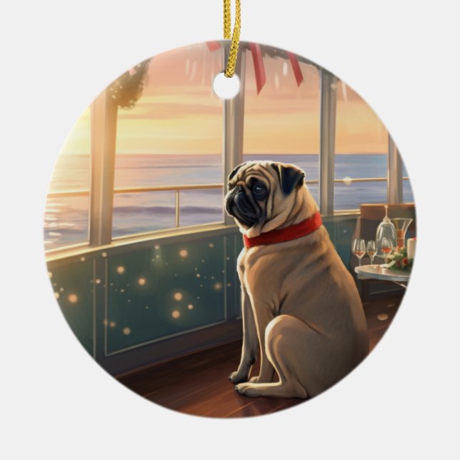 Pug jul Cruise: Pawsome Helgdag Delight Julgransprydnad Keramik (Framsidan)