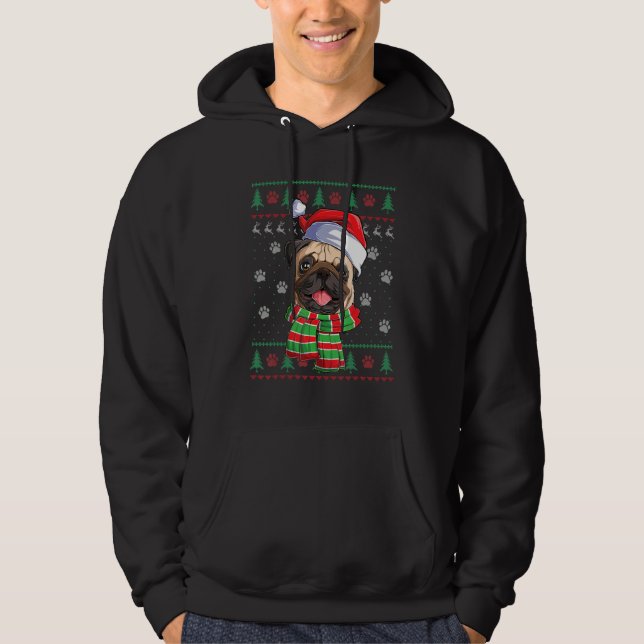 Pug jul Ljus Santa Hat Hund Ugly Sweater Hoodie (Framsida)