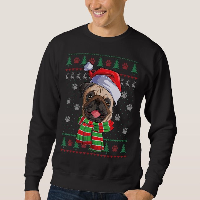 Pug jul Ljus Santa Hat Hund Ugly Sweater Lång Ärmad Tröja (Framsida)