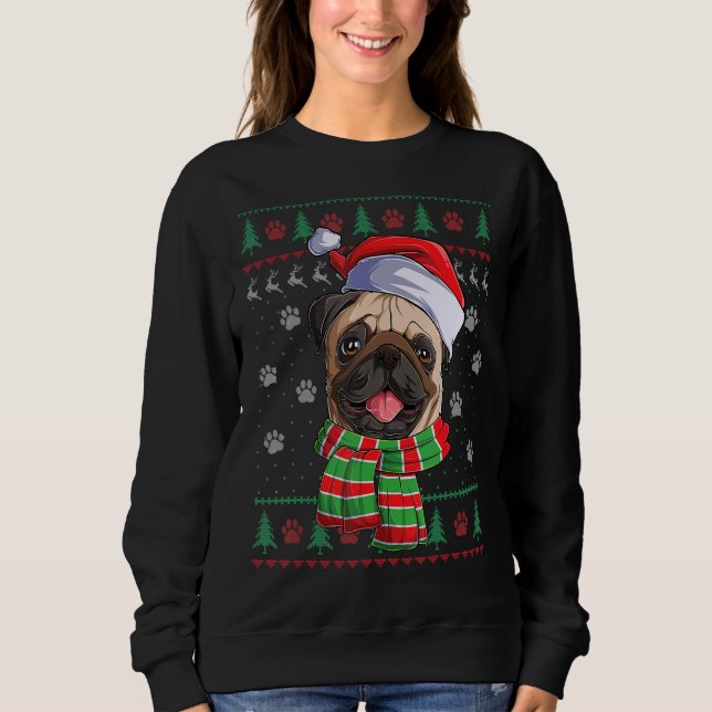 Pug jul Ljus Santa Hat Hund Ugly Sweater T Shirt (Framsida)