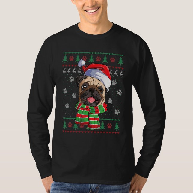 Pug jul Ljus Santa Hat Hund Ugly Sweater T Shirt (Framsida)