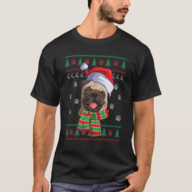 Pug jul Ljus Santa Hat Hund Ugly Sweater T Shirt (Framsida)