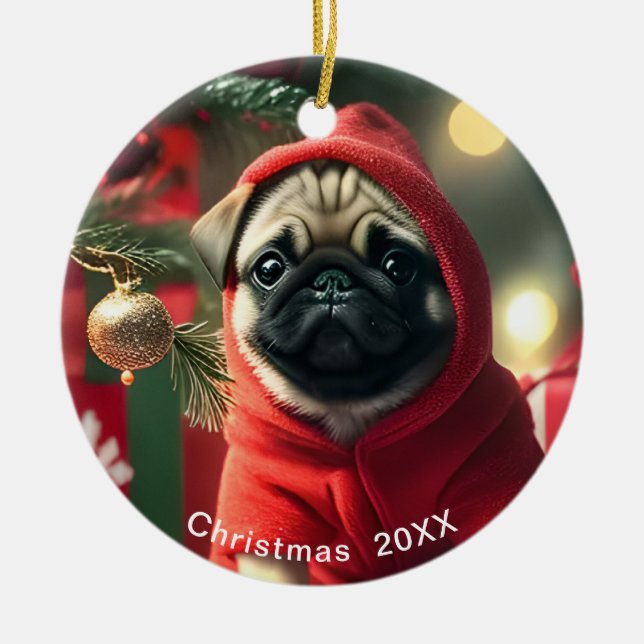 Pug Juldatum eller lägg till Pet Photo Julgransprydnad Keramik (Framsidan)
