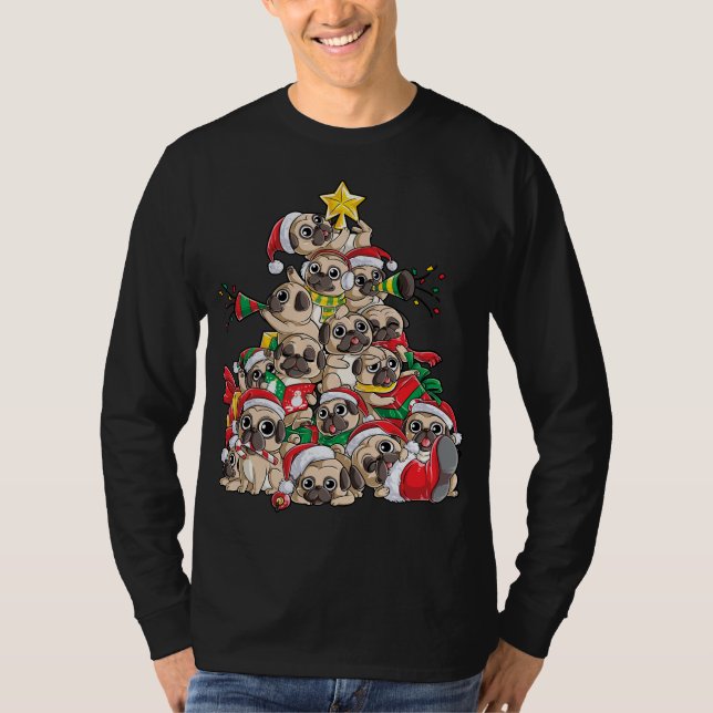 Pug Julgran Hund Santa Julafton Merry Dogmas T Shirt (Framsida)