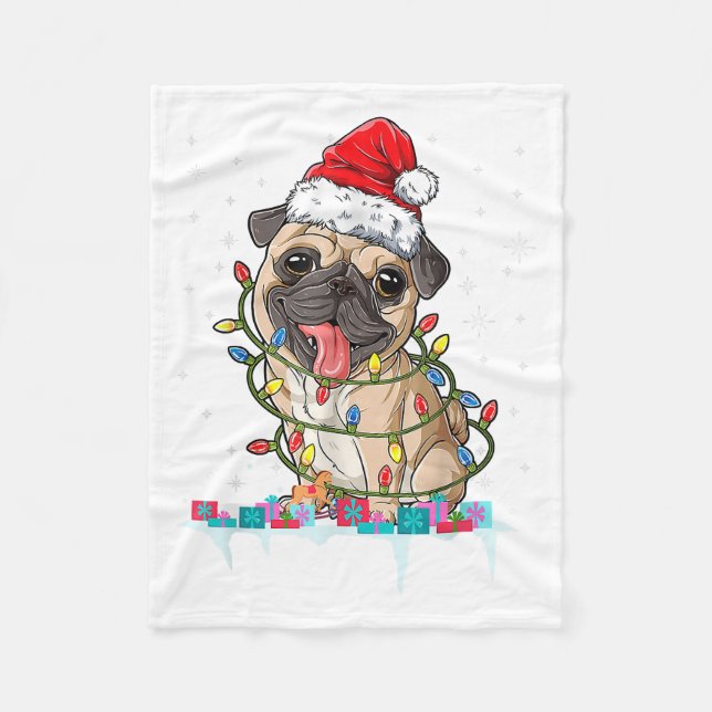 Pug julgran lampor tomte hund jul presenter pojke fleecefilt (Framsidan)
