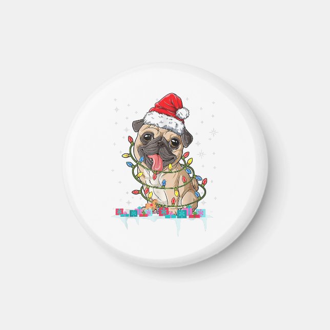 Pug julgran lampor tomte hund jul presenter pojke magnet (Framsidan)