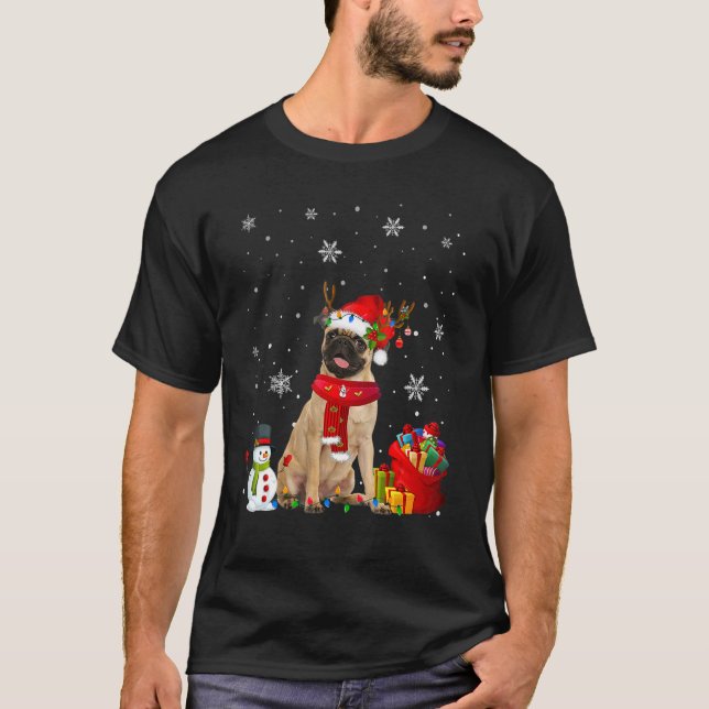 Pug Julgran Ljus Hund Puppy T Shirt (Framsida)