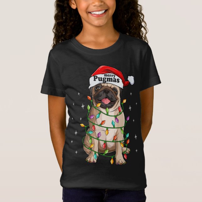 Pug Julgran Ljus Santa Hund Julafton Funny Mer T Shirt (Framsida)