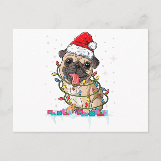 Pug Julgran Ljus Santa Hund Julafton Gifts Boy Helg Vykort (Framsida)