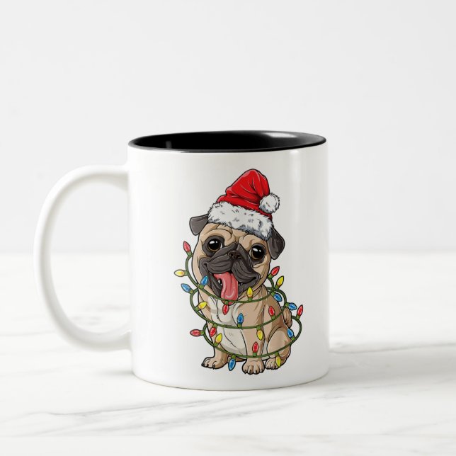 Pug Julgran Ljus Santa Hund Julafton Gifts Boy Två-Tonad Mugg (Vänster)
