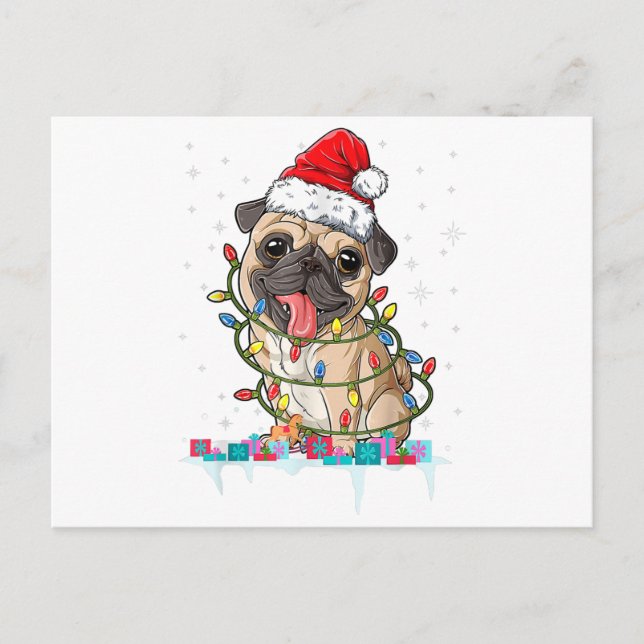 Pug Julgran Ljus Santa Hund Julafton Gifts Boy Vykort (Framsida)