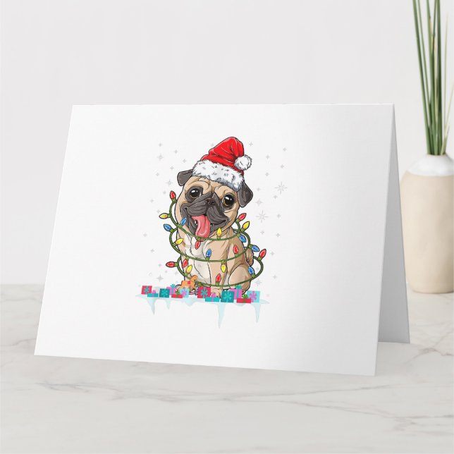 Pug julgran ljus tomte hund julklappar pojke kort (Framsida)