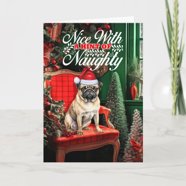 Pug julhund elak eller snäll helgkort (Framsida)