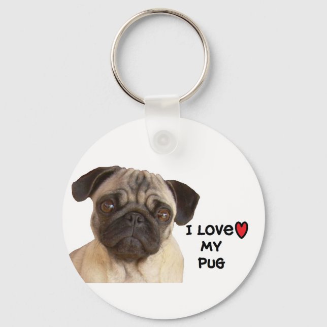 Pug Keychain "I kärlek my Pug" Nyckelring (Framsida)