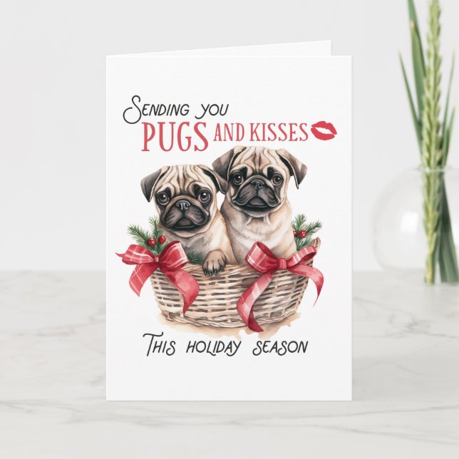 Pug & Kisses-jul, 5-tums x 7-tums gratulationskort Kort (Framsida)
