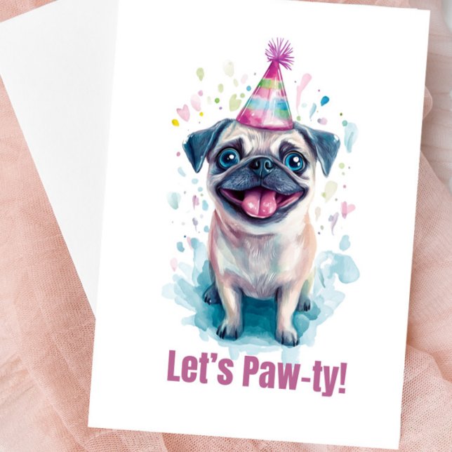Pug ”Låt oss Paw-ty!” -Födelsedagskort Kort (Cute Pug Blank Greeting Card)