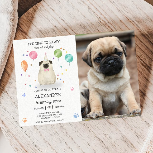 Pug Lets Hund Pawty Puppy Birthday Rosa Photo Inbjudningar (Skapare uppladdad)