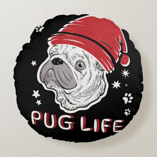 Pug Life Animal Santa jul Rund Kudde (Framsidan)