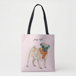 Pug Life Text Editable Hipster Pug med glasögon Tygkasse