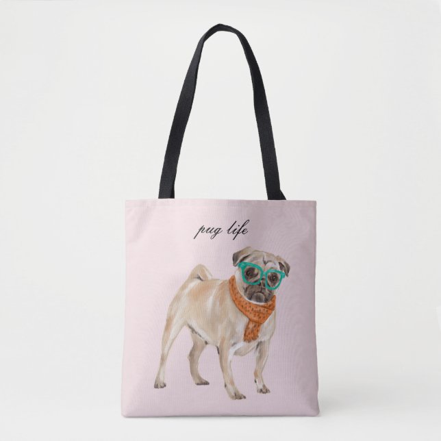 Pug Life Text Editable Hipster Pug med glasögon Tygkasse (Framsida)