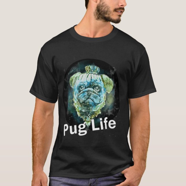 Pug Liv Hund akvarell digital konst T Shirt (Framsida)