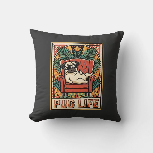 Pug Liv Retro Folk Art Hund Kudde (Framsida)