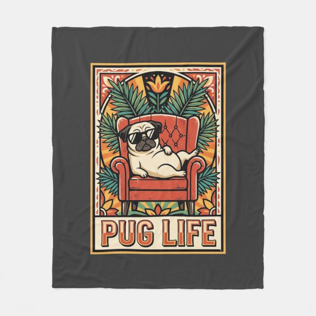 Pug Liv Retro Folkkonst Hund Fleecefilt (Framsidan)