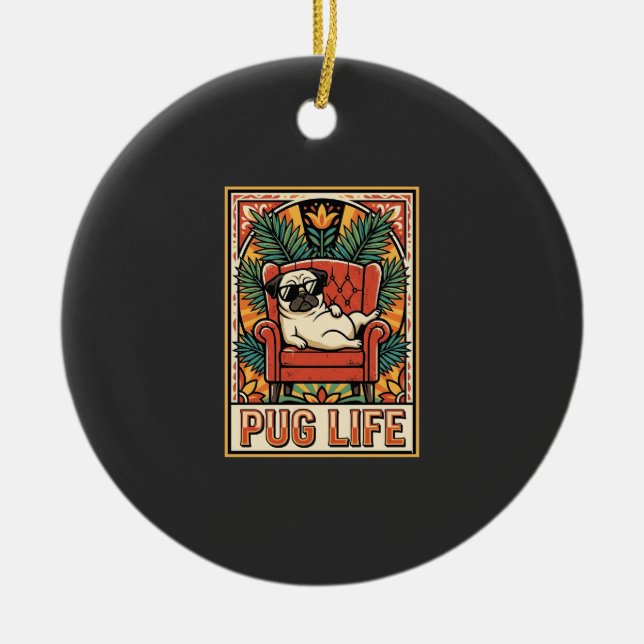 Pug Liv Retro Folkkonst Hund Julgransprydnad Keramik (Framsidan)