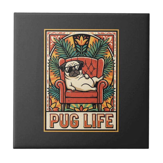 Pug Liv Retro Folkkonst Hund Kakelplatta (Framsidan)