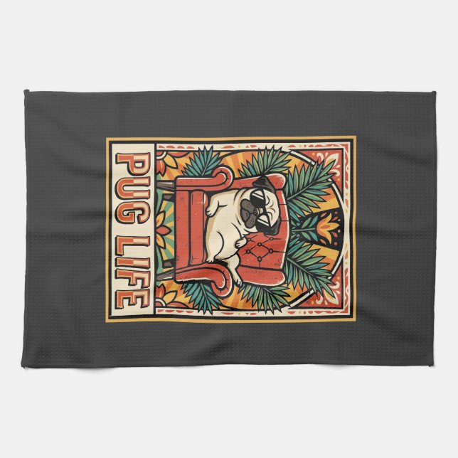 Pug Liv Retro Folkkonst Hund Kökshandduk (Horisontell)