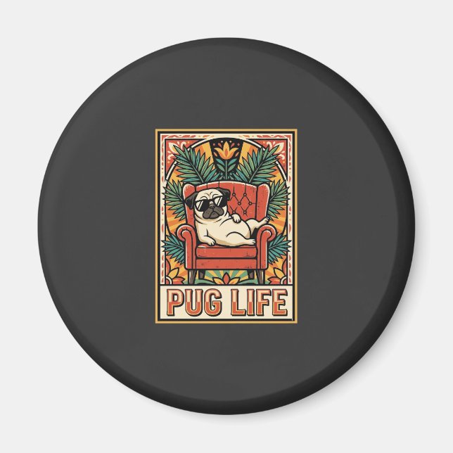 Pug Liv Retro Folkkonst Hund Magnet (Framsidan)