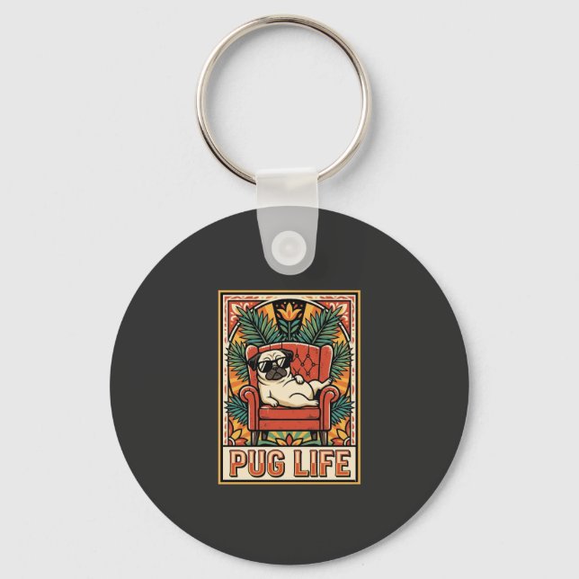 Pug Liv Retro Folkkonst Hund Nyckelring (Framsida)