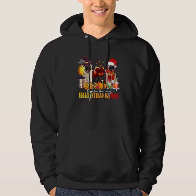 Pug Lycklig Hallothanksmas Halloween Thanksgiving  Hoodie (Framsida)