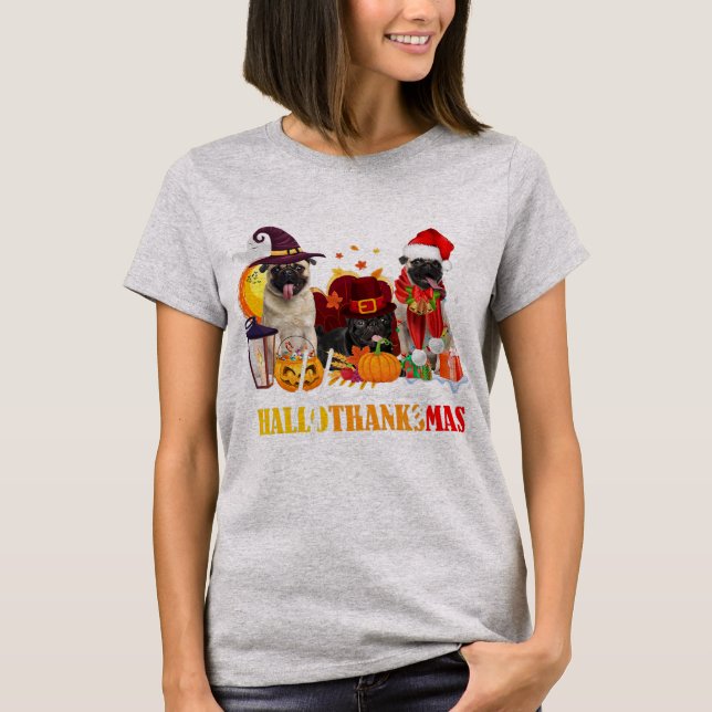 Pug Lycklig Hallothanksmas Halloween Thanksgiving T Shirt (Framsida)