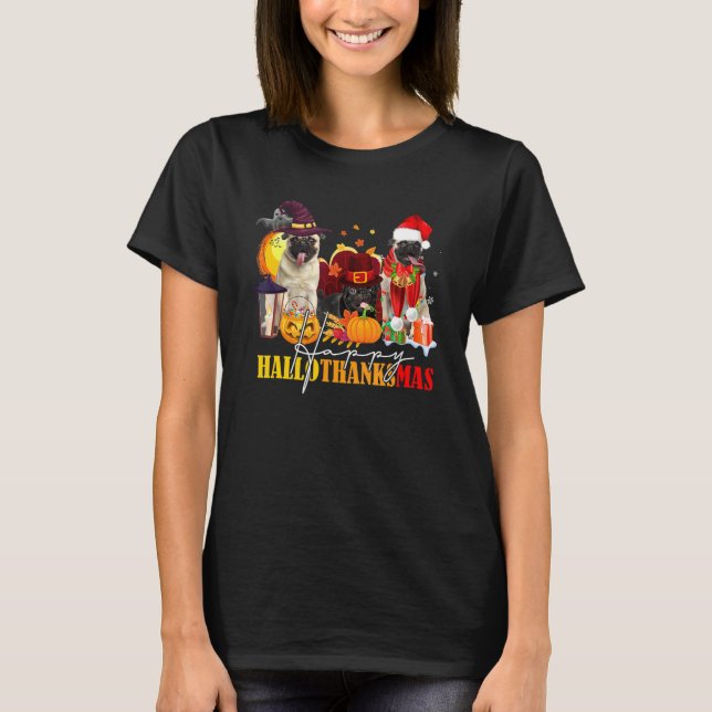 Pug Lycklig Hallothanksmas Halloween Thanksgiving  T Shirt (Framsida)