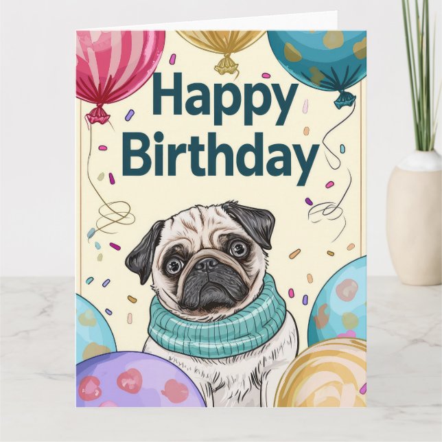Pug med ballonger kort (Framsida)