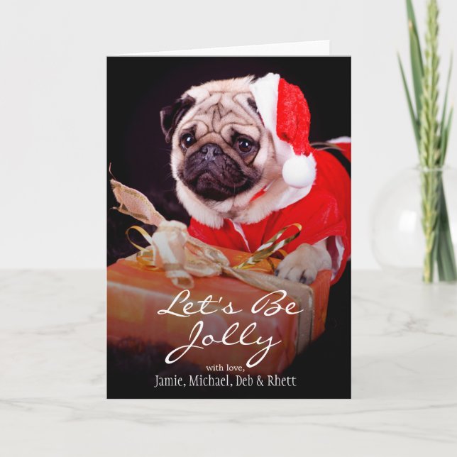 Pug med en julhatt helgkort (Framsida)